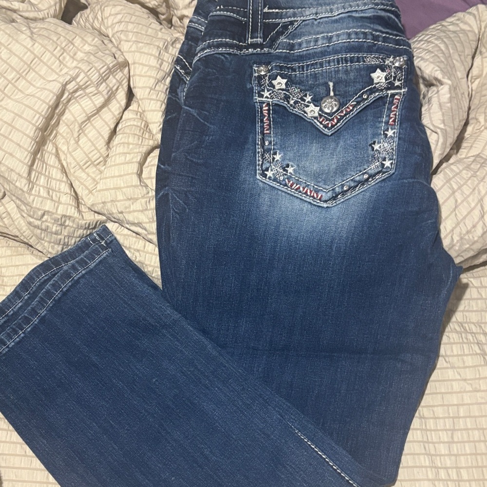 Miss Me Dark Blue Boot Cut Jeans with Star Embellishments